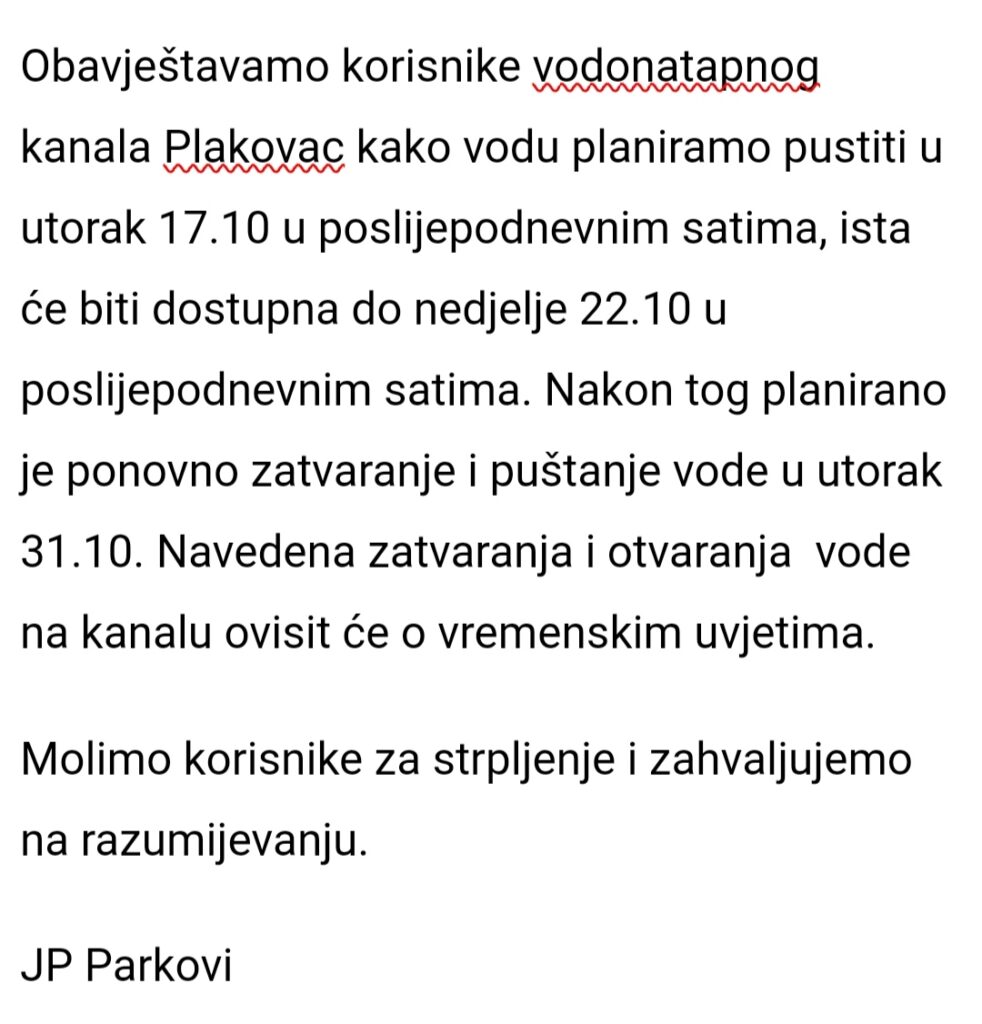 JP Parkovi:Kanal Plakovac obavijest!
