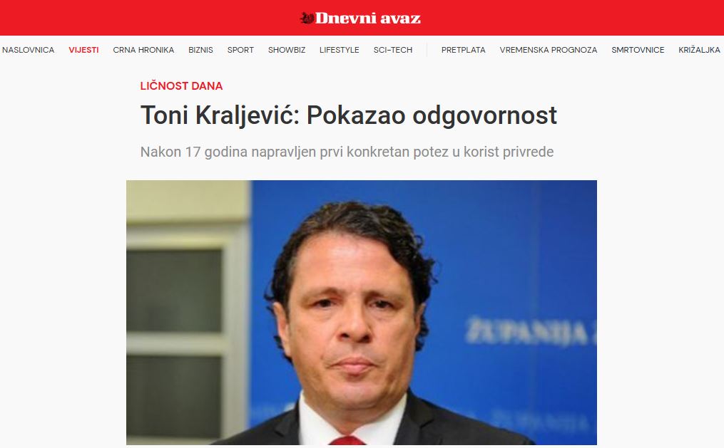 Toni Kraljević osoba dana u današnjem Avazu