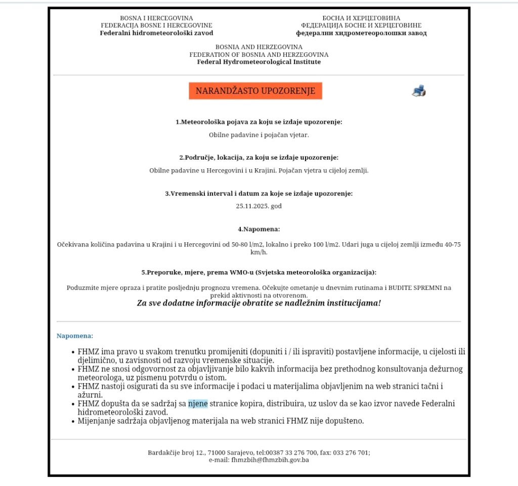 Najava obilnih padalina i izlijevanja vodotoka rijeke Trebižat Najava obilnih padalina i izlijevanja vodotoka rijeke Trebižat