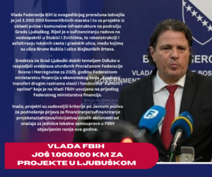 Vlada FBiH – još 1.000.000 KM za projekte u Ljubuškom