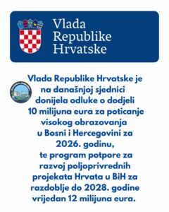 Vlada Republike Hrvatske: 22 milijuna eura Hrvatima u BiH