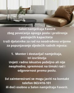 Favorit zapošljava: Monter i dostavljač namještaja, tri izvršitelja