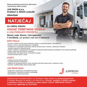 JUR PROM zapošljava: Vozač teretnog vozila u unutarnjem prometu