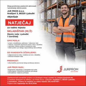 Natječaj za posao: JUR PROM traži skladištara